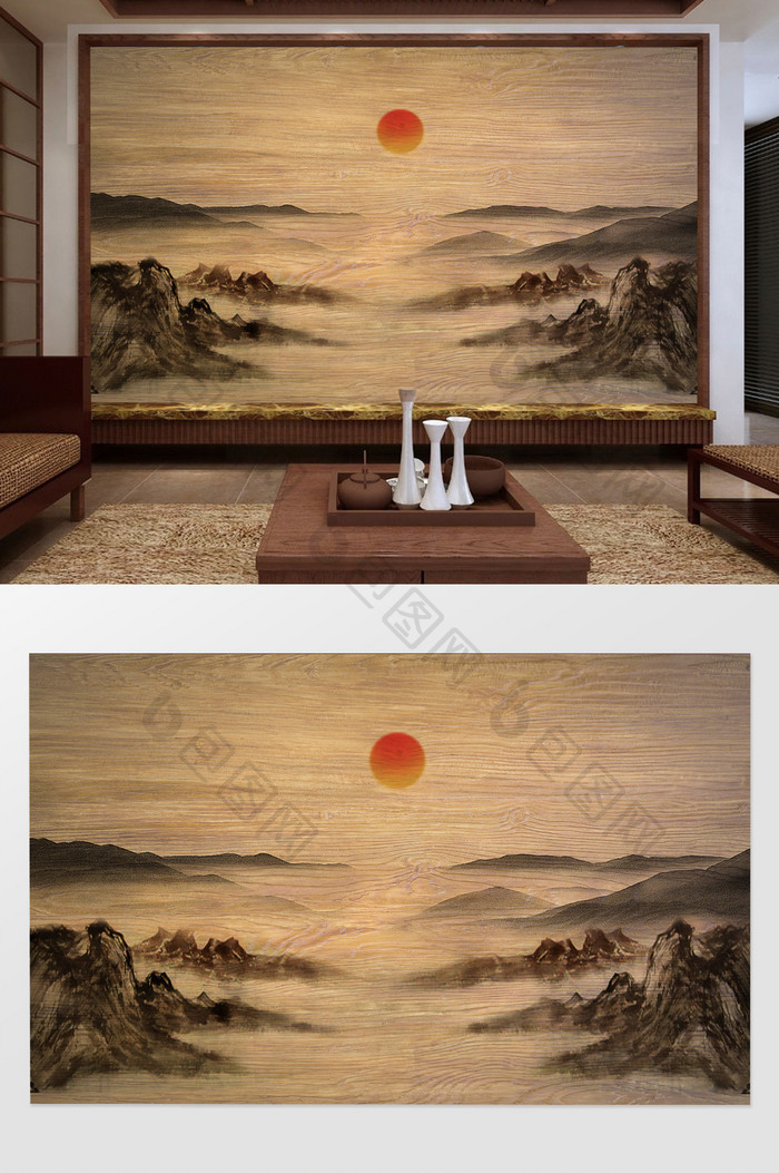 新中式水墨夕阳远山诗意背景墙装饰定制