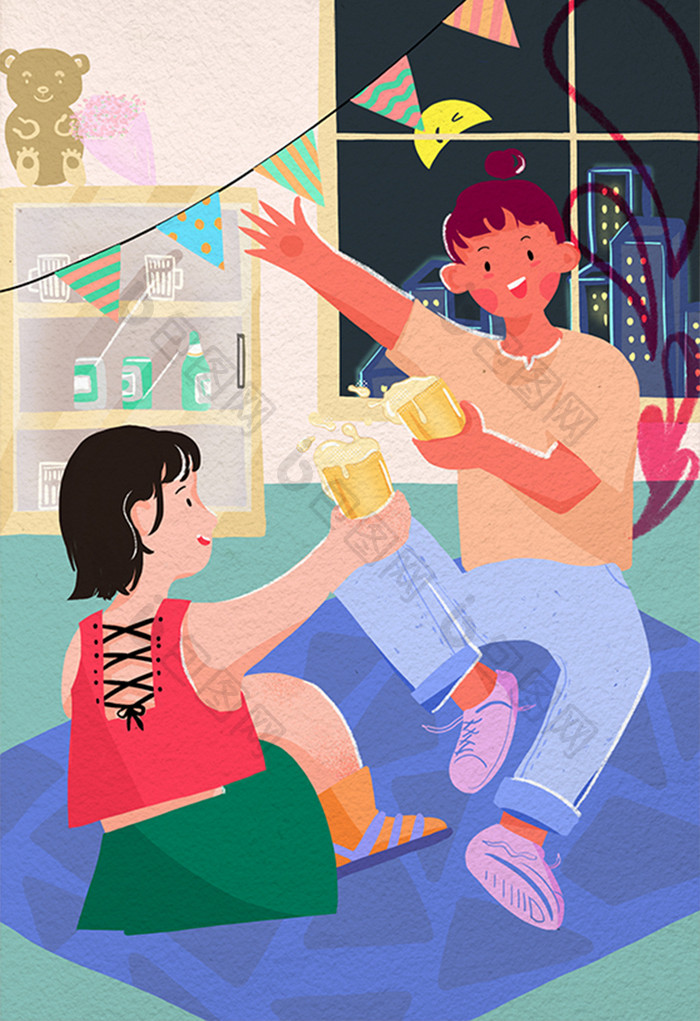 多彩可爱啤酒节夏日聚会庆祝海报插画