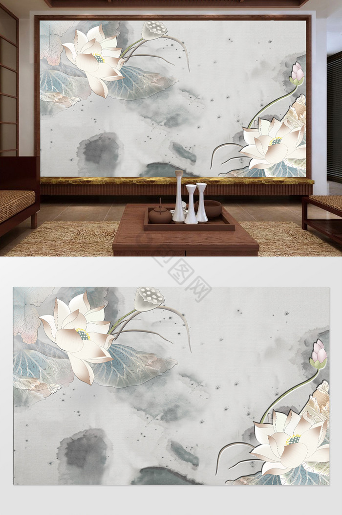 素雅新中式立体睡莲背景墙图片