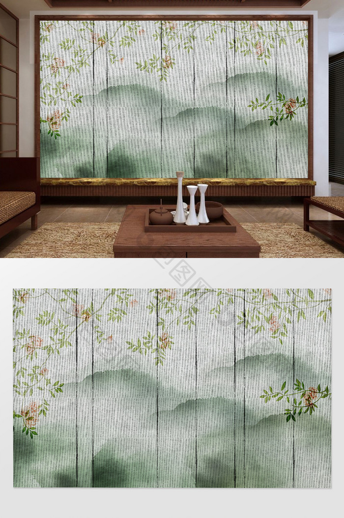 新中式屏风式水墨山花枝背景墙