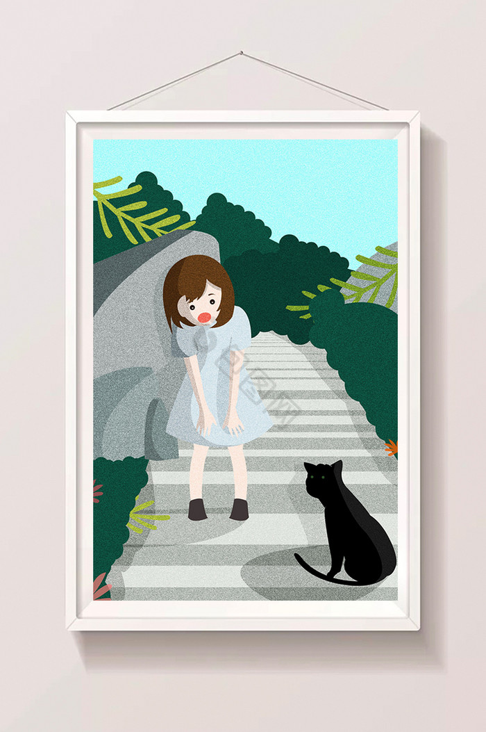 女孩在阶梯遇见小猫插画图片