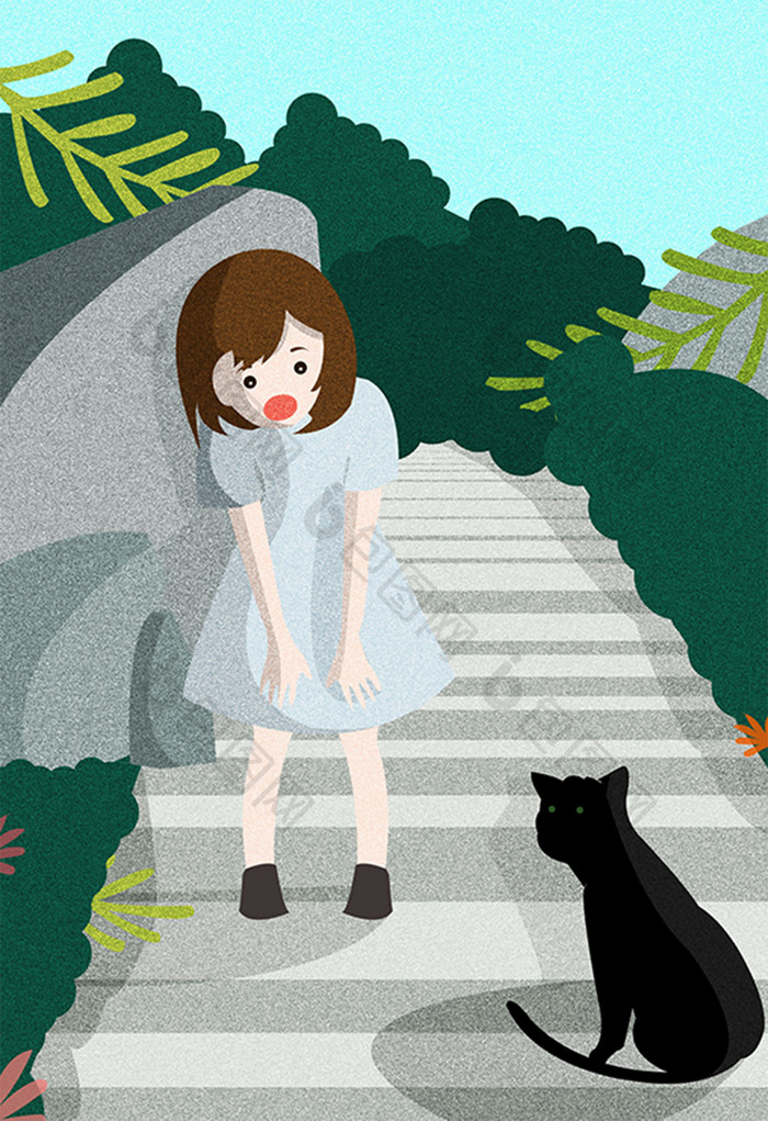 小清新女孩在阶梯遇见小猫插画