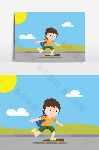 卡通清新男孩子滑板矢量元素图片