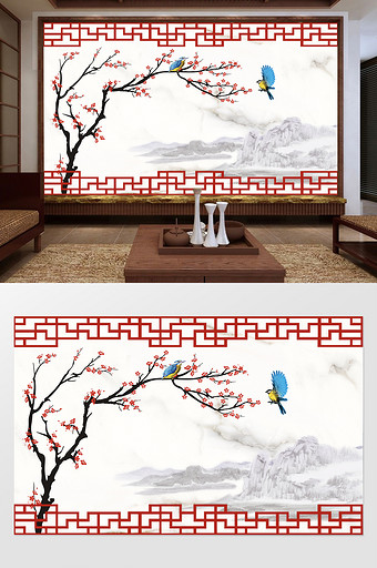 新中式背景墙抽象艺术背景墙梅花蓝鸟图片