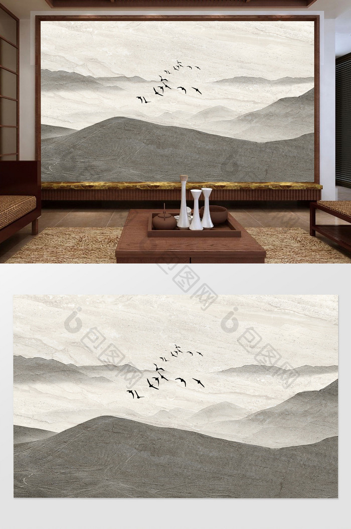新中式水墨高山飞鸟意境背景墙装饰定制
