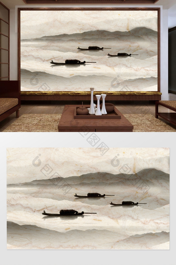 新中式水墨远山小舟诗意背景墙装饰定制