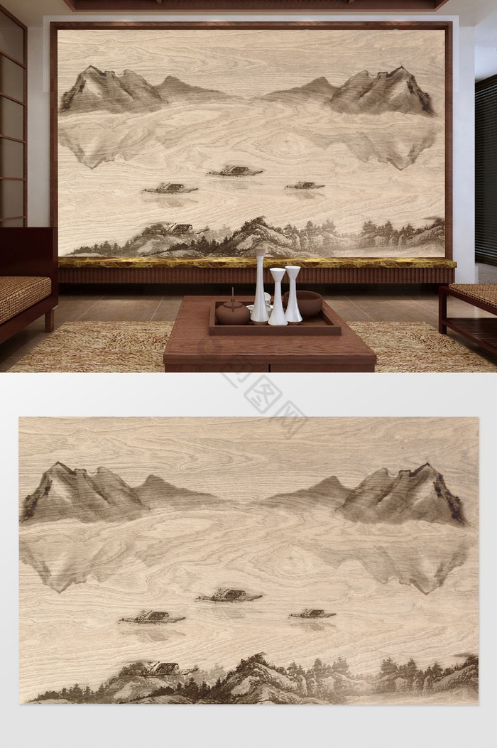 新中式水墨远山小舟倒影背景墙装饰定制图片