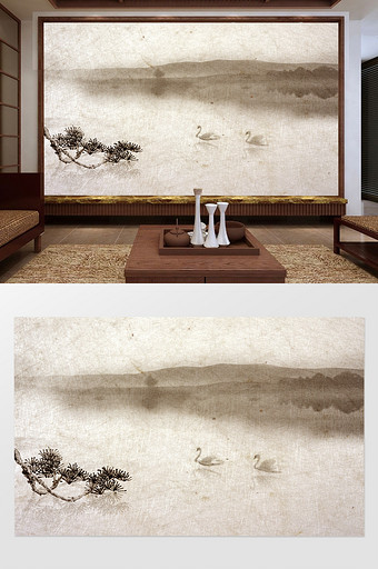 新中式水墨天鹅山水背景墙装饰定制图片
