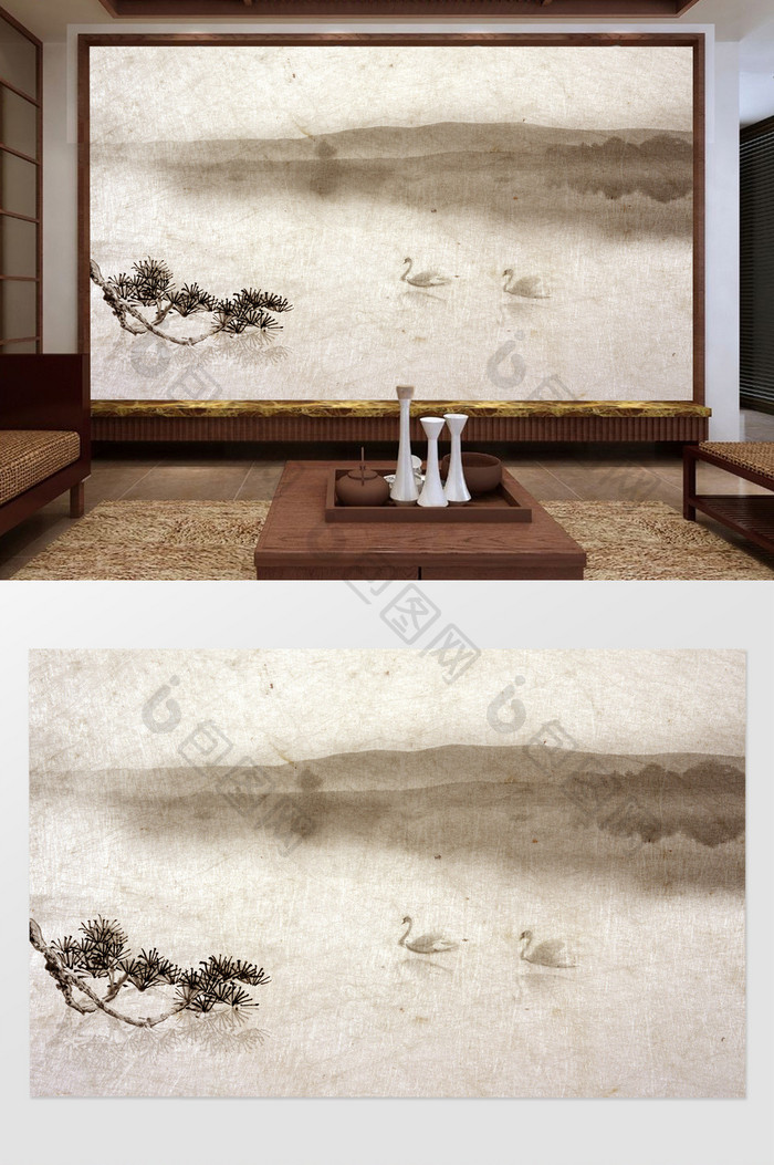 新中式水墨天鹅山水背景墙装饰定制