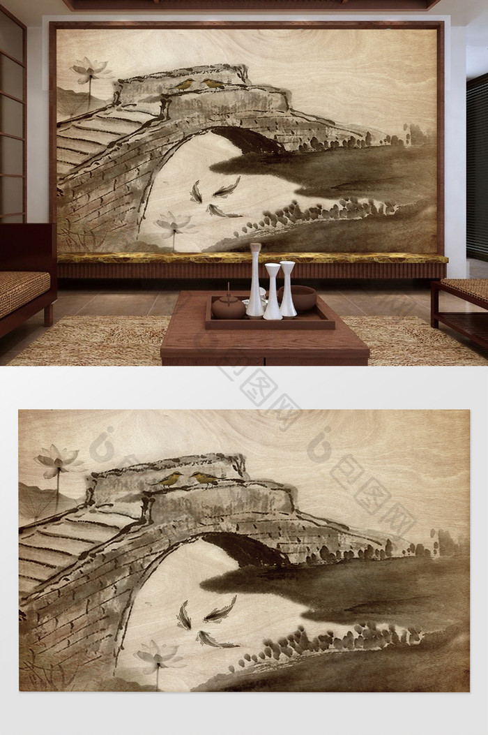 新中式水墨小桥游鱼背景墙装饰定制