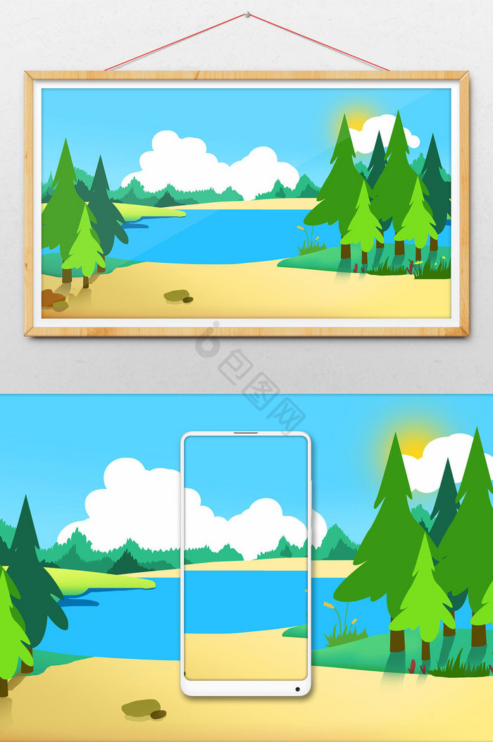 夏日绿树湖水风景插画图片