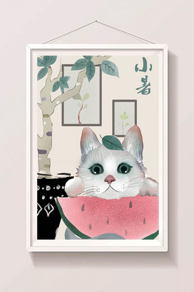 绿色清新小暑小猫吃西瓜插画