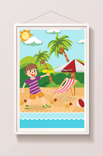 海边度假玩耍男孩水枪暑假生活插画图片