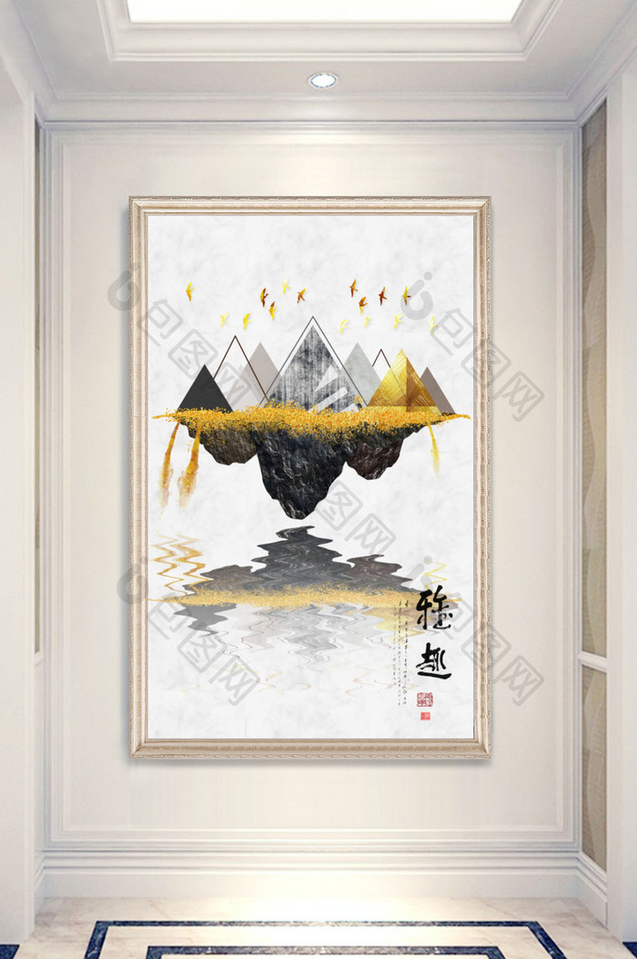 新中式抽象奢华立体百鸟迎财金色玄关画