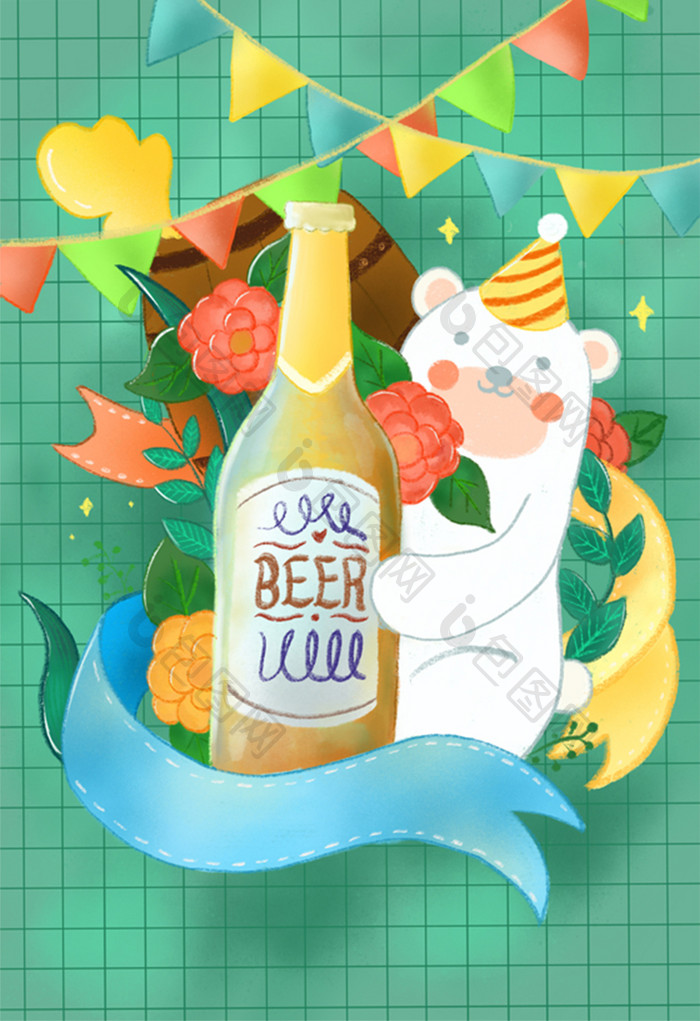 绿色小清新格子背景小白熊和啤酒可爱插画