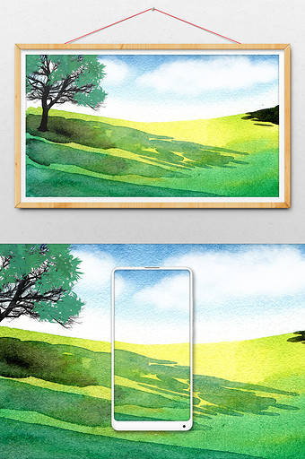 蓝色草原夏日素材手绘背景风景清新水彩图片