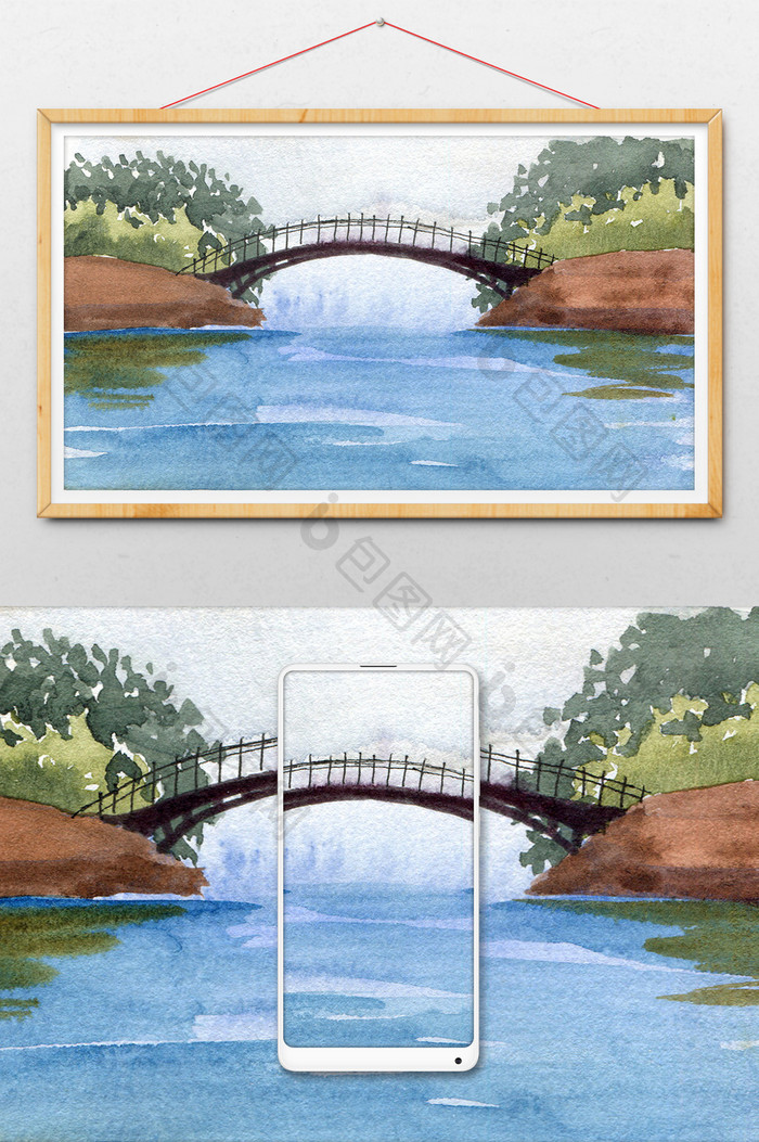 大桥蓝色夏日素材手绘背景风景清新水彩