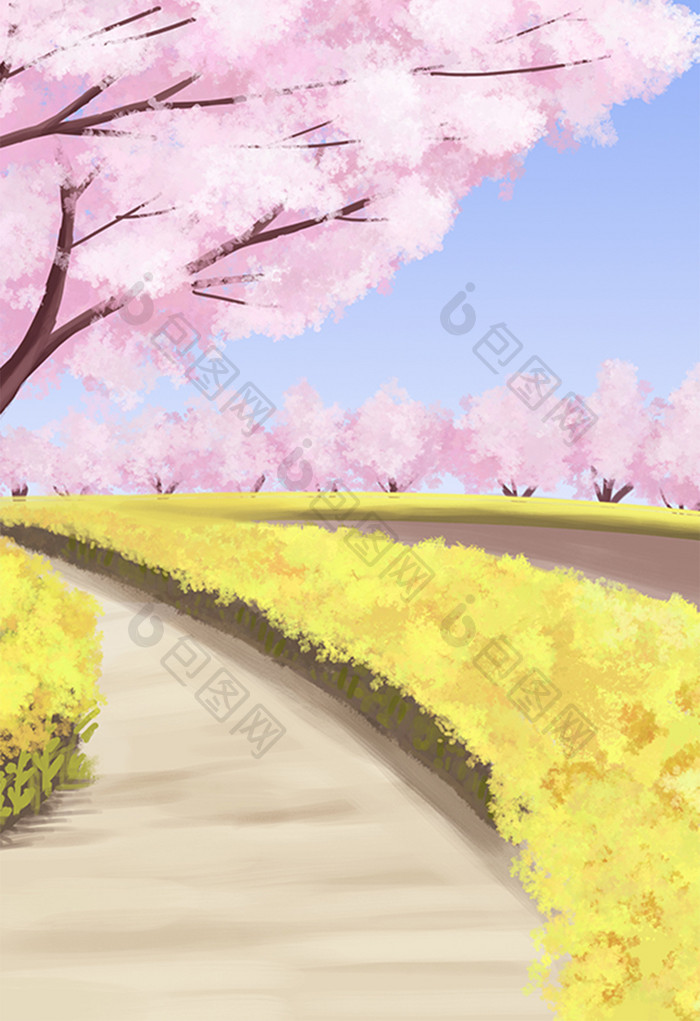 暖色系春天盛开的樱花和油菜花手绘插画背景