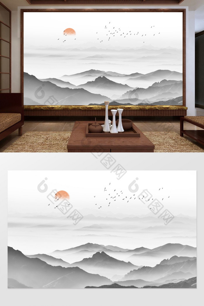 新中式抽象定制山水背景墙