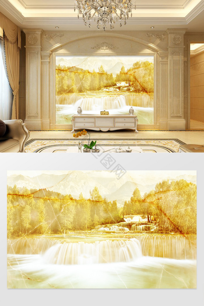 高清3D大理石纹山水花日出背景墙金色丛林图片