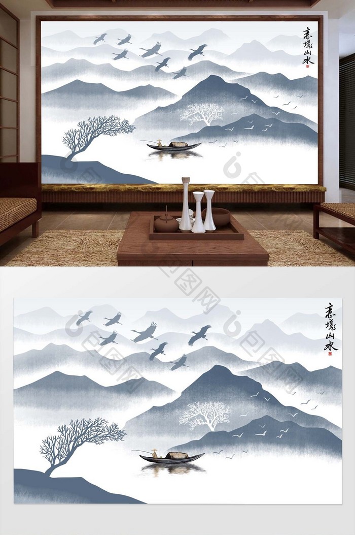 新中式禅意意境山水画背景装饰画