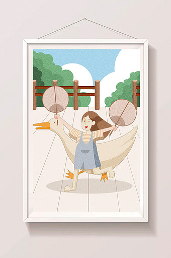 小清新夏季户外小女孩与大鹅插画图片