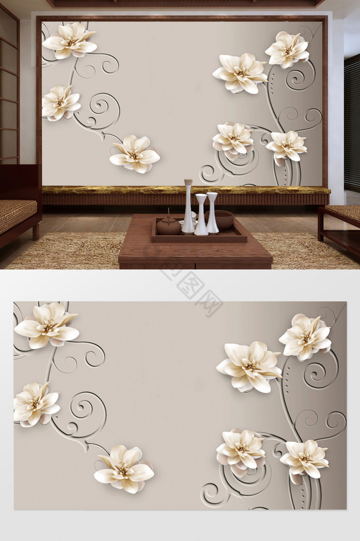 素雅中式花朵花纹背景墙图片