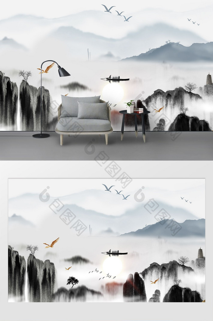 新中式抽象线条山水画背景装饰画