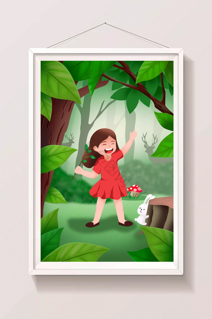 森林小暑大暑夏季暑假暑假女孩插画图片