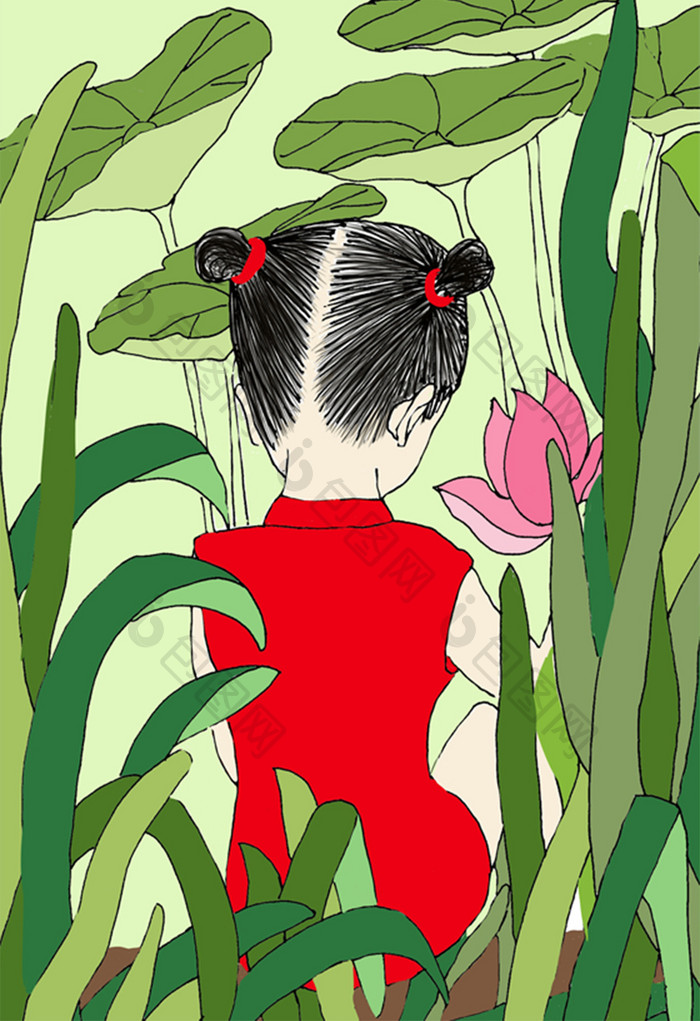 红绿中国风小暑河边荷塘插画