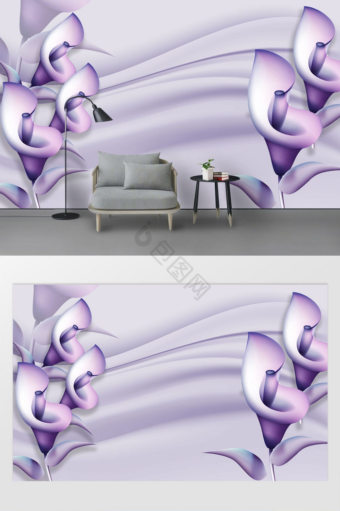 3d立体紫色百合珠宝钻石背景墙图片