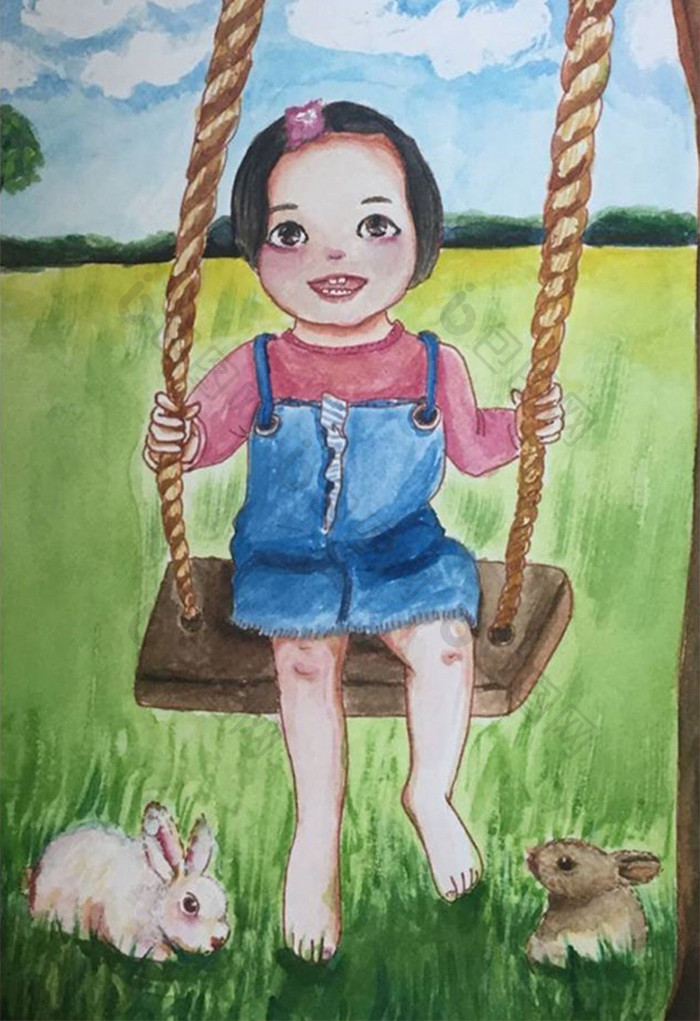 绿色儿童打秋千插画