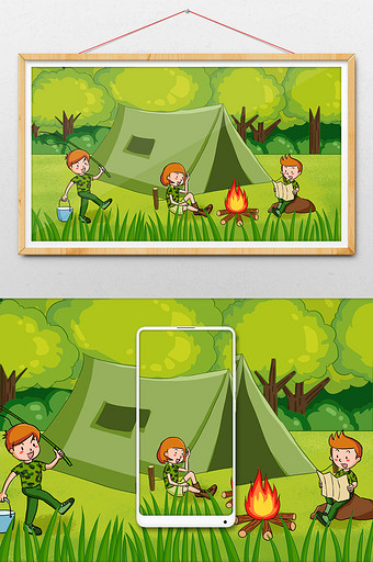 绿色暑期学生军训夏令营森林帐篷冒险插画图片