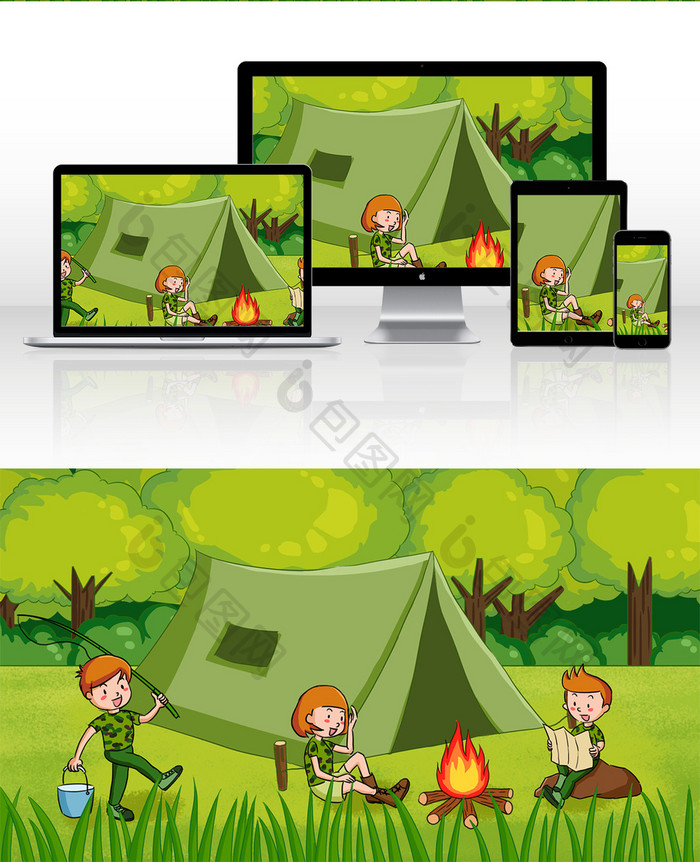 绿色暑期学生军训夏令营森林帐篷冒险插画