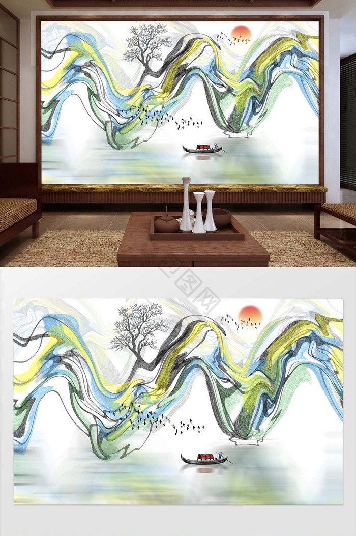 中式抽象水墨意境山水画背景墙图片