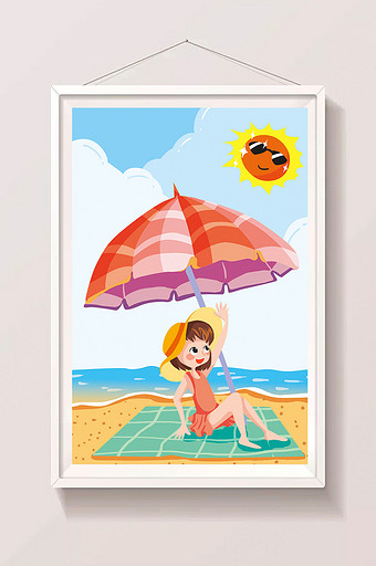 黄色沙滩卡通女孩海滨晒太阳游泳度假插图图片