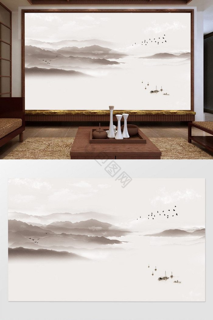 新中式素雅抽象水墨山水电视背景墙图片
