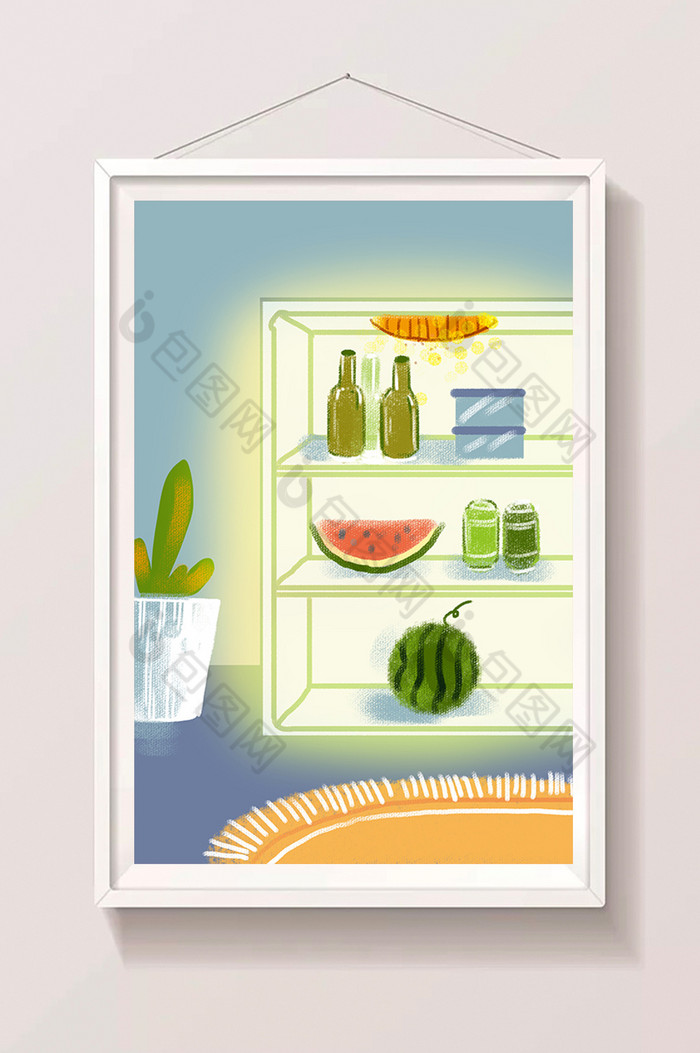 冷色调夏日室内冰箱手绘插画素材 图片下载 包图网