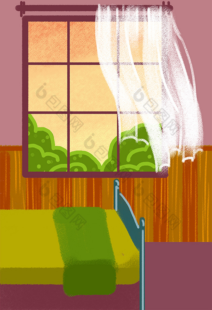 暖色调夏日黄昏卧室窗户手绘插画背景素材