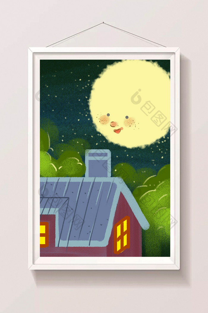 冷色夏夜月色房屋手绘插画卡通背景素材