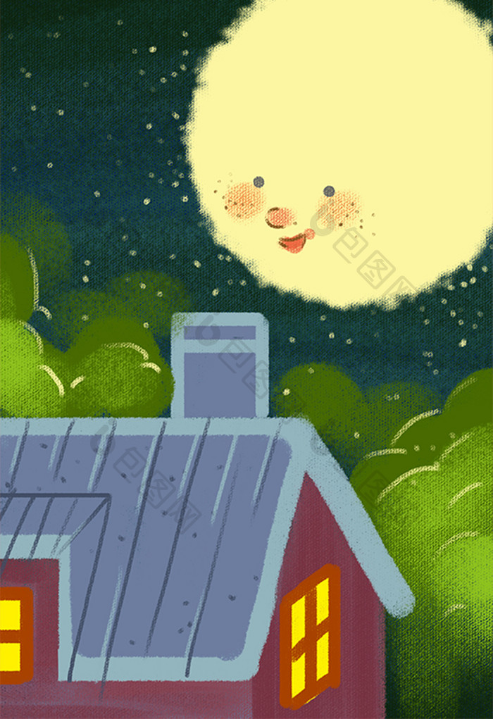 冷色夏夜月色房屋手绘插画卡通背景素材