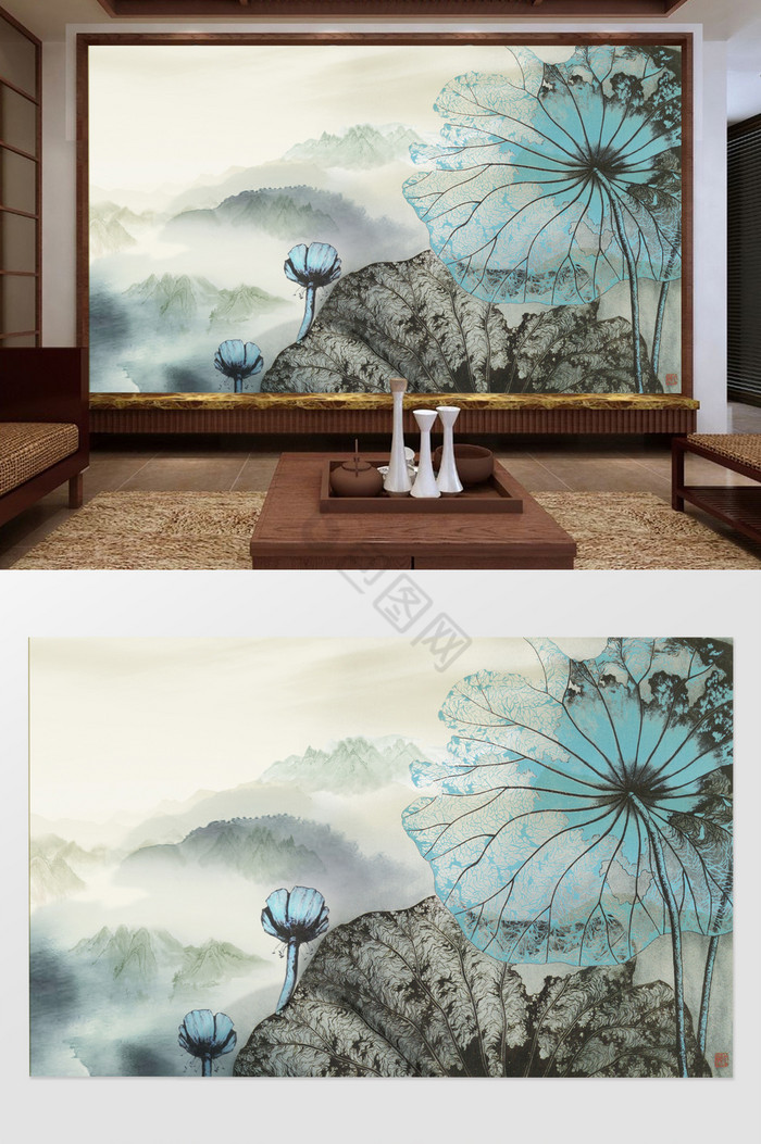 新中式水墨禅意远山睡莲背景墙图片