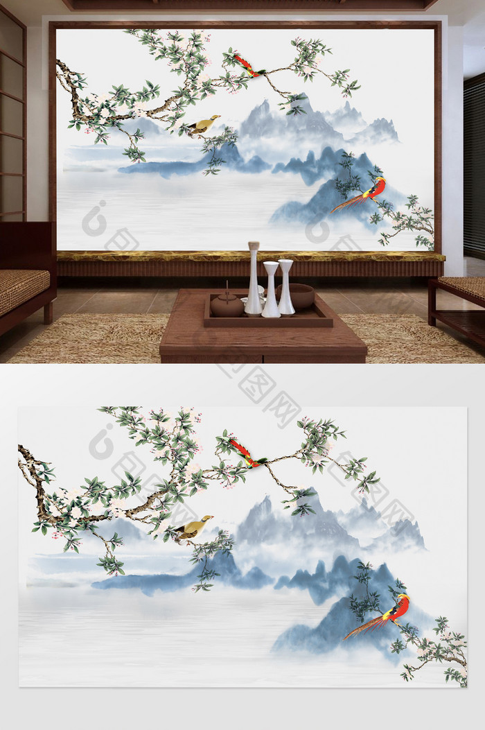中式水墨水彩山峰花鸟背景墙