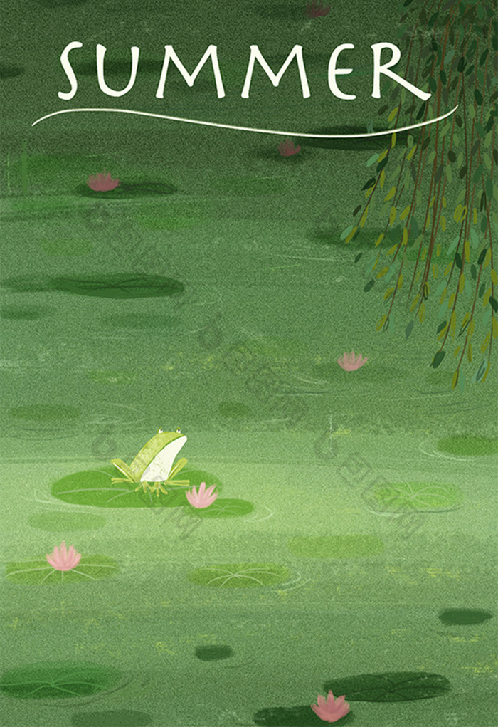 绿色中国风小暑节气池塘青蛙插画背景