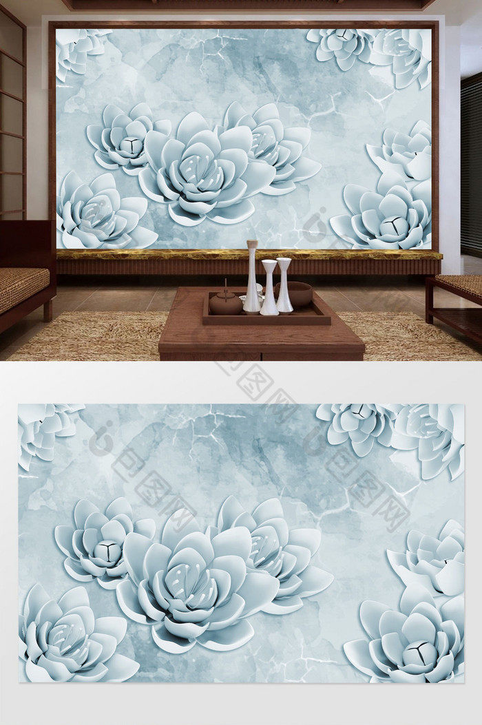 淡雅蓝色花朵电视背景墙图片图片