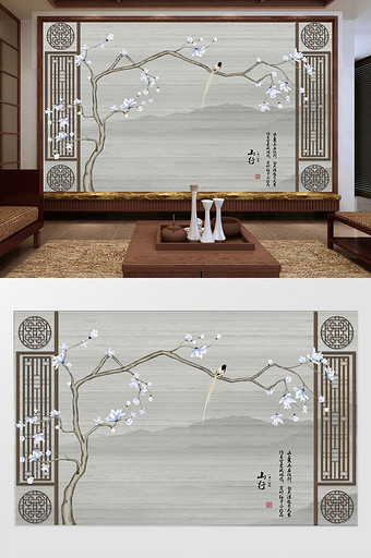 中式大理石纹手绘玉兰花鸟荔枝背景墙装饰画图片