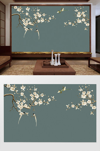 手绘中式花鸟壁画电视机背景墙图片