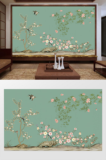 手绘工笔花鸟中式壁画电视机背景墙图片