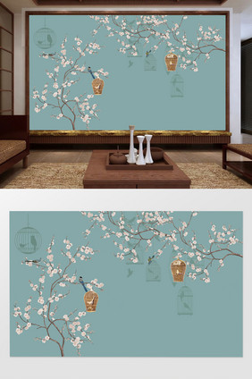 新中式古典手绘工笔花鸟电视机背景墙