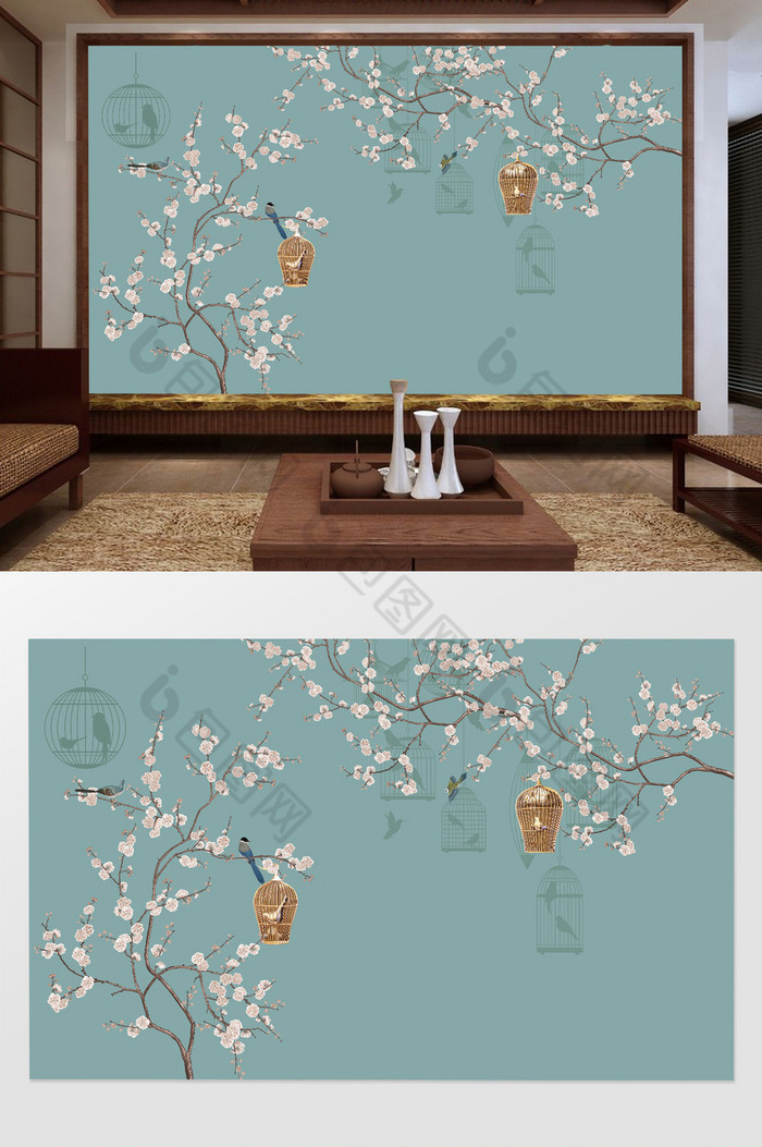 新中式手绘工笔花鸟电视机背景墙图片图片